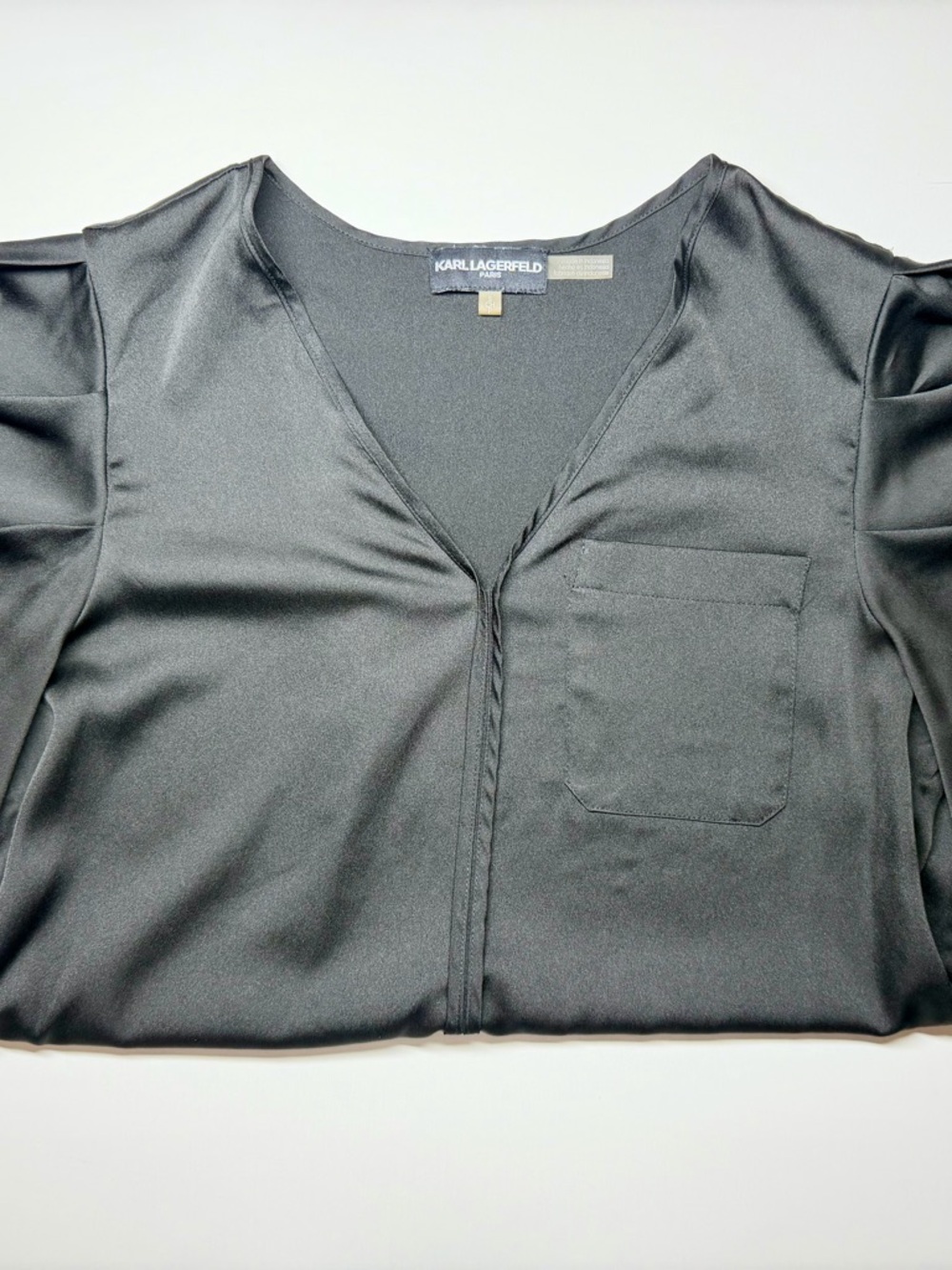 Karl Lagerfeld Paris Black V‑Neck Puffed‎ Sleeve Blouse Women’s S